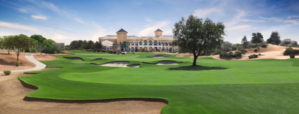 The Els Club golf course and clubhouse in Dubai Sports City