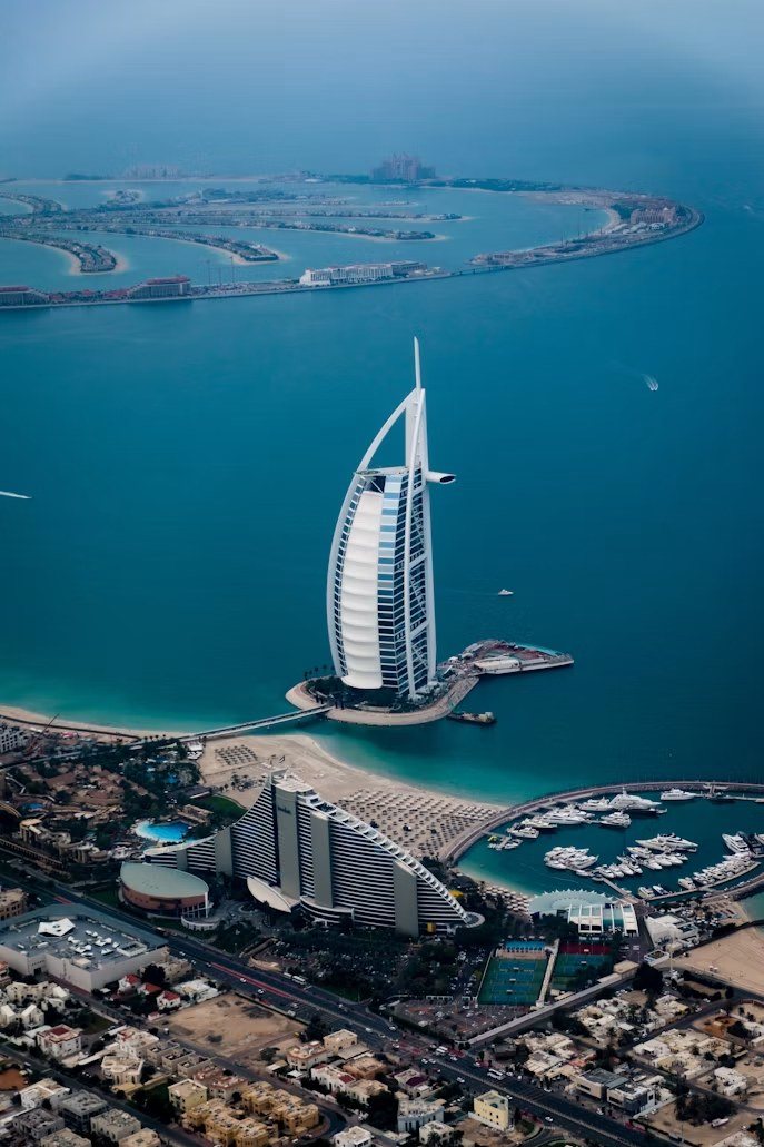 Aerial view of the Burj Al Arab and Palm Jumeirah, Dubai