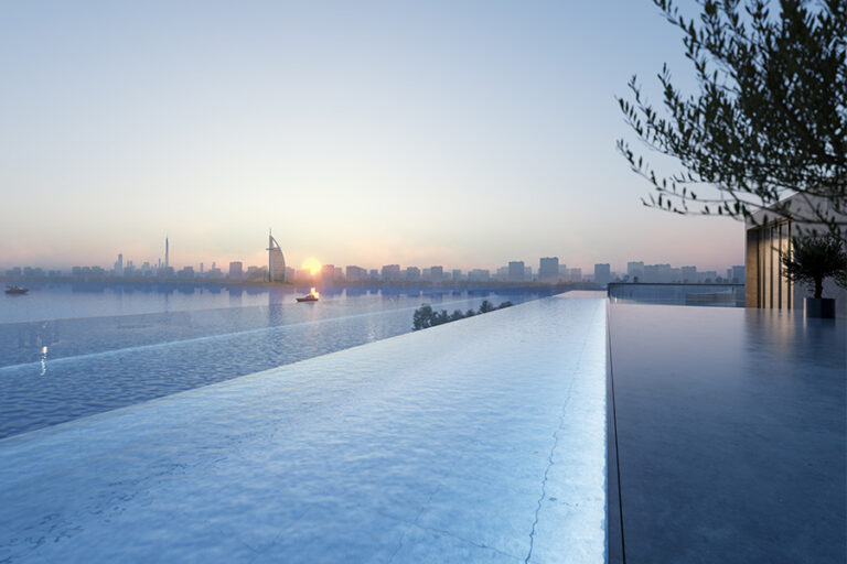 Infinity pool at sunset, Armani Beach Residences, Palm Jumeirah (Arada image)