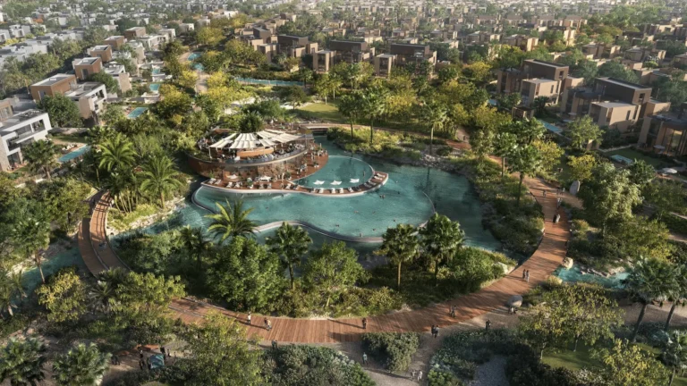 Aerial view of the central lagoon pool and pavilion, Haven by Aldar, Dubailand (Aldar image)