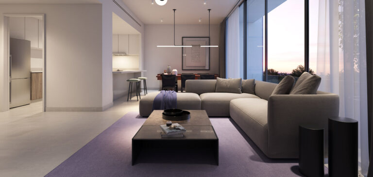 Living room with open kitchen, Jenna, Aljada, Sharjah (Arada image)
