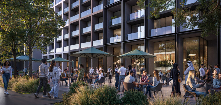 Outdoor dining and shops on West Boulevard, Jenna, Aljada, Sharjah (Arada image)
