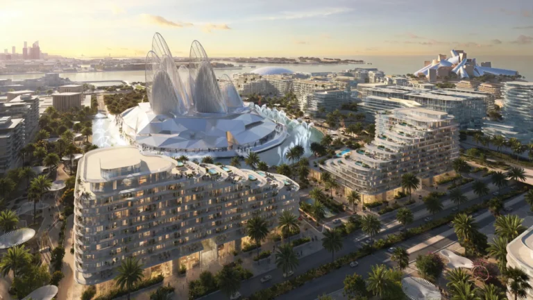 Architect's view of the building and fountains, Mandarin Oriental Residences, Saadiyat Cultural District, Abu Dhabi (Aldar image)