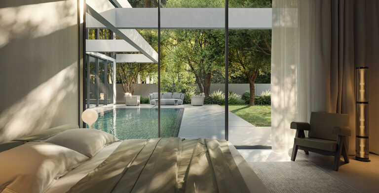 Bedroom with floor-to-ceiling windows, Masaar 2, Al Ruwaidat, Sharjah (Arada image)