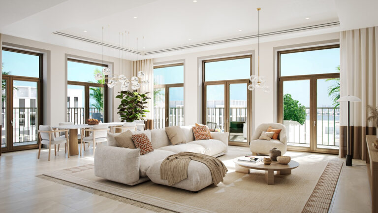 Living room render, Nawayef Park Views, Hudayriyat Island (Modon image)