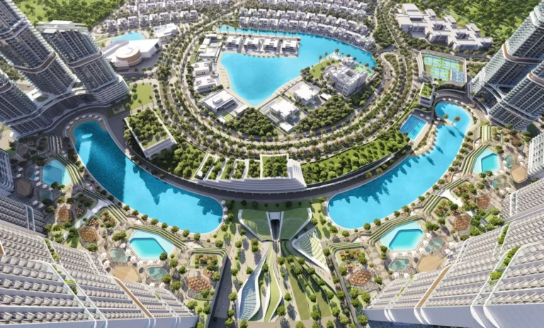Overview render of the towers and lagoon, Riverside Crescent, Sobha Hartland II, MBR City (Sobha Realty image)