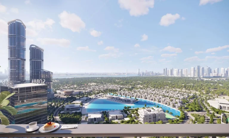 Balcony view render, Riverside Crescent, Sobha Hartland II, MBR City (Sobha Realty image)
