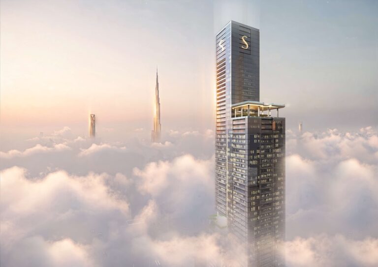 Top of the tower above the clouds with Burj Khalifa beyond, Sobha Skyparks, Sheikh Zayed Road, Business Bay (Sobha Realty image)