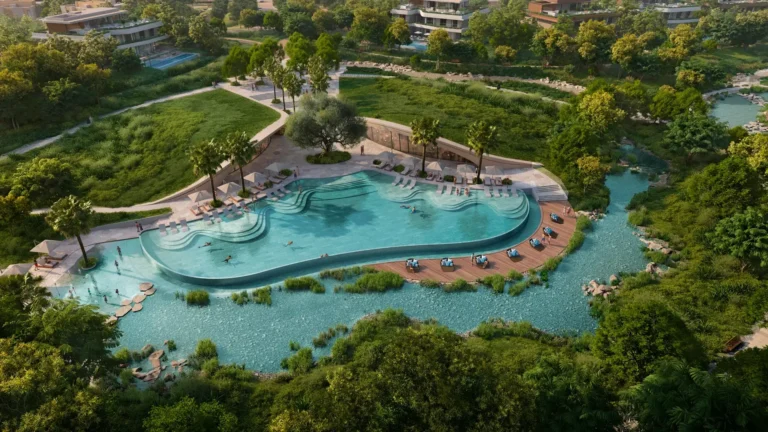 Aerial view of the resort pool, lagoons and villas, The Wilds, Dubailand (Aldar image)