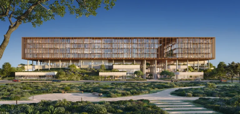 Office blocks above the landscape, The Yards Plaza, City of Arabia (Beyond Developments image)