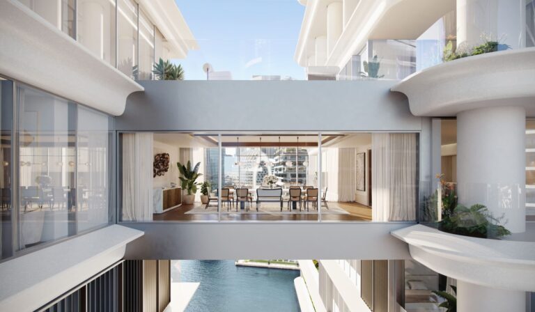 Rendering of a sky bridge dining room, Vela Viento, Dorchester Collection, Marasi Bay, Business Bay (Omniyat image)