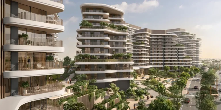 Apartment buildings and landscaped grounds, Verdes by Haven, Dubailand (Aldar image)