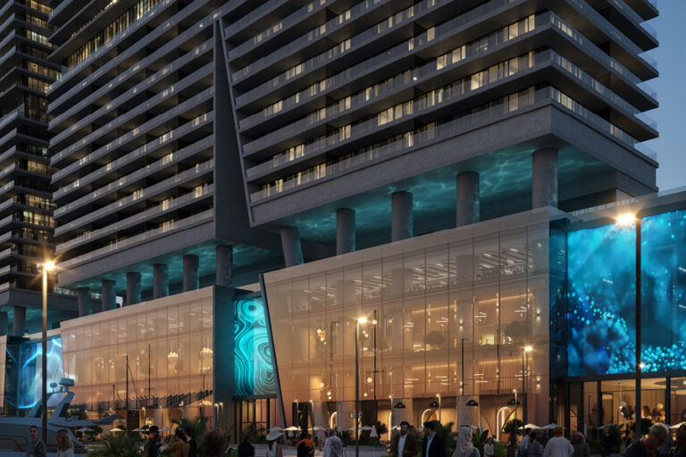 Tower base and podium at dusk, W Residences Dubai Harbour, Dubai Harbour (Arada image)