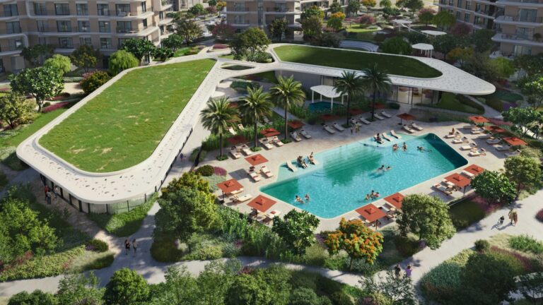 Aerial view of the community pool and pavilion, Yas Park Place, Yas Island, Abu Dhabi (Aldar image)