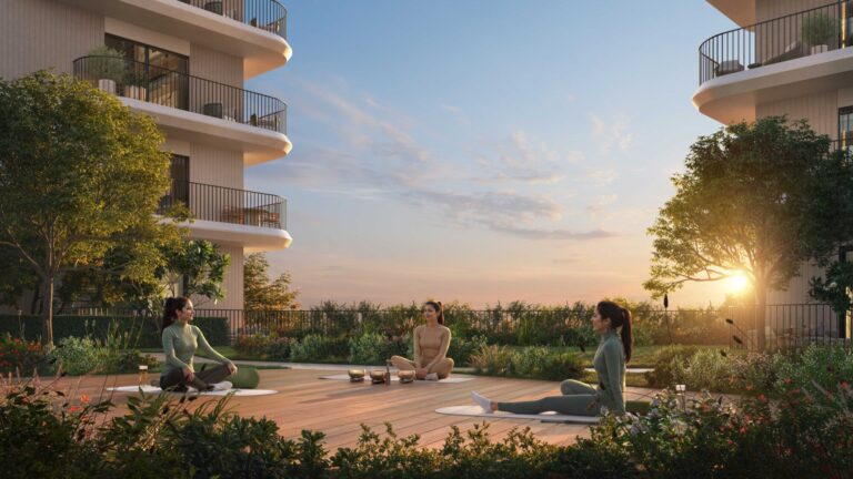Yoga deck at sunset with the apartment buildings behind, Yas Park Place, Yas Island, Abu Dhabi (Aldar image)