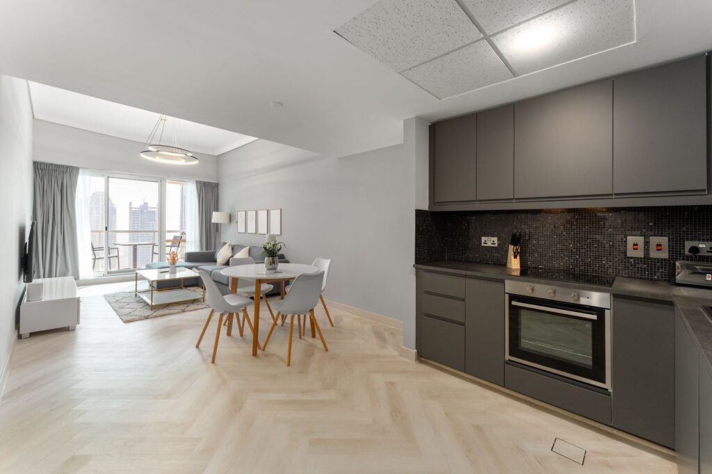 Kitchen and dining after the renovation, Lake Terrace, JLT