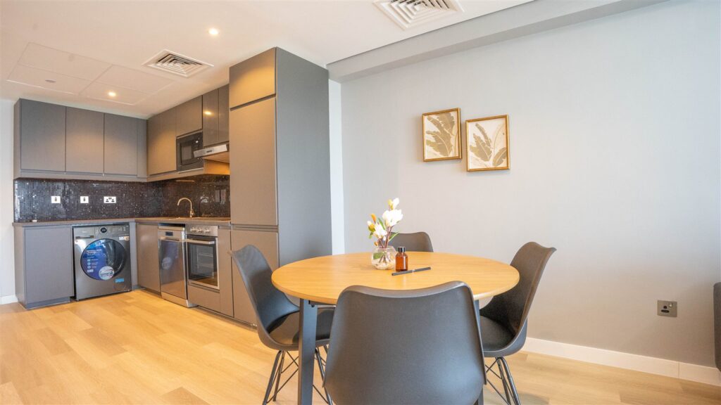 Dining and kitchen after the renovation, Lake View Tower, JLT
