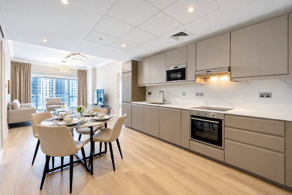 Open plan living after the renovation, Lake View Tower, JLT