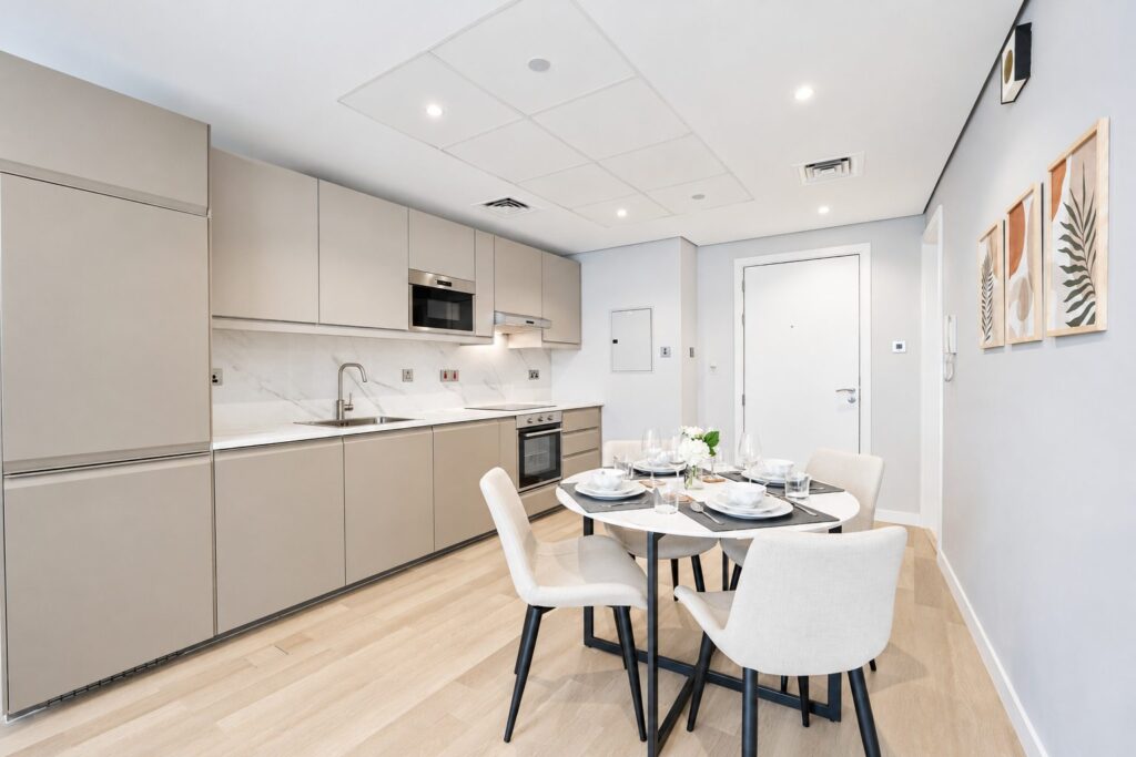 Kitchen and dining after the renovation, Lake View Tower, JLT